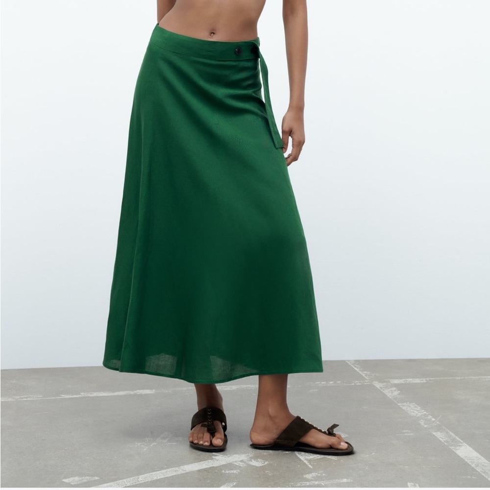Zara Green Linen Blend Midi Skirt Brand New with Tags